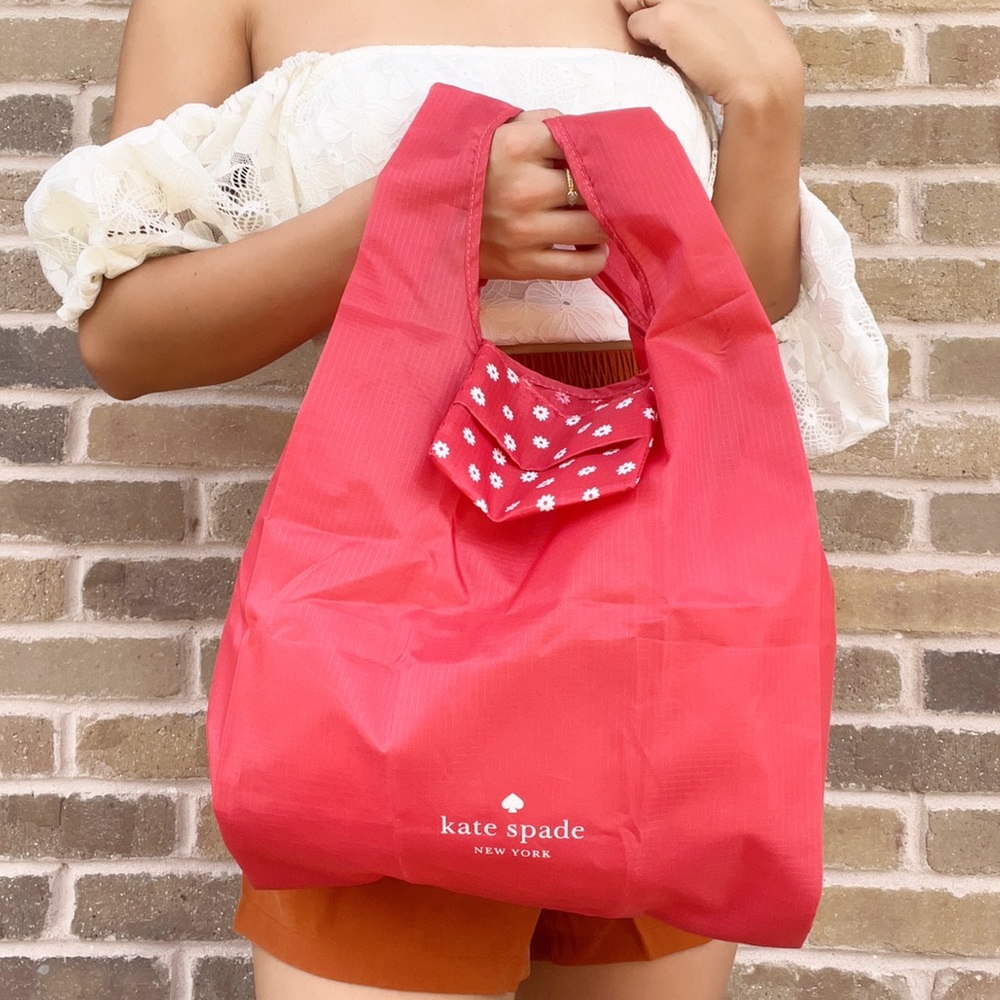 Kate Spade Medium Tote Packable Reusable Shopping Tote Beach Bag Red Multi